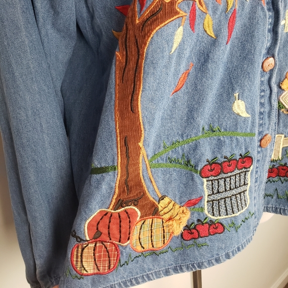 Vintage denim Bluejean fall embroidered pumpkin button up long sleeve shirt M - Picture 9 of 9